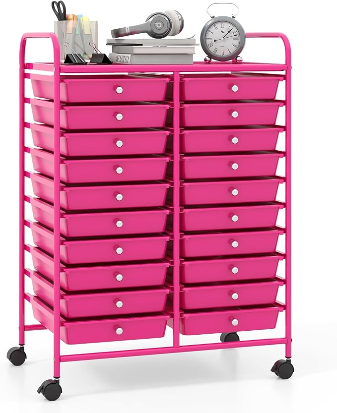 Giantex 20 Drawers Rolling Cart, Mobile Storage Drawer Cart, Classroom Organizer for Office School Supplies Teacher Tools Scrapbook Paper Craft Small Printer, Utility Stand on Wheels, Hot Pink by Giantex