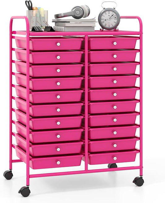 Giantex 20 Drawers Rolling Cart, Mobile Storage Drawer Cart, Classroom Organizer for Office School Supplies Teacher Tools Scrapbook Paper Craft Small Printer, Utility Stand on Wheels, Hot Pink by Giantex