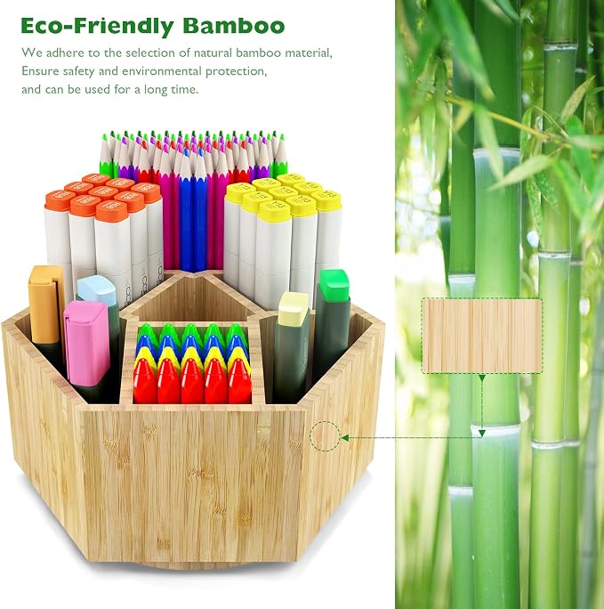 Bamboo Art Supply Organizer,Rotating Pencil Holder Back to School Supplies | Hold 350+ Pencils, for Pen, Colored Pencil, Art Brushes, Desktop Storage Caddy for Classroom & Art Studio - Image 3