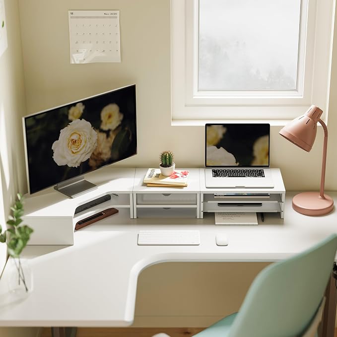 Fenge Dual Monitor Stand with Storage, Corner Desk Shelf for Top of Desk | Wooden Monitor Riser with Drawer and Slide-Out Tray, 2 Tier Storage, for Home Office, Computer, Laptop, Printer - Image 6
