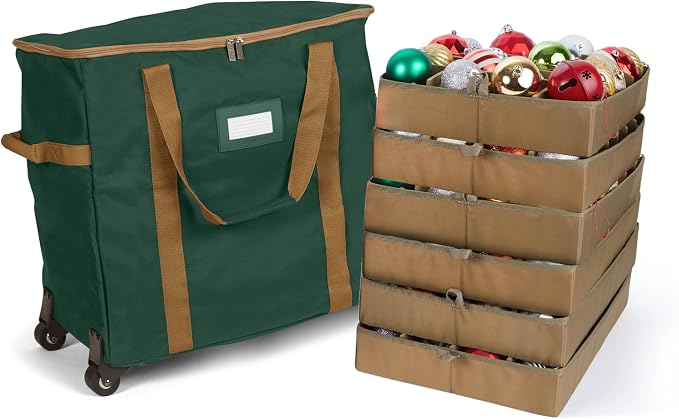 Covermates Keepsakes Rolling Adjustable Ornament Storage Bag – Heavy-Duty Polyester, FlexGrid Trays & Padded Dividers – Protective Holiday Organizer with Wheels, Handles & ID Window, Green by Covermates
