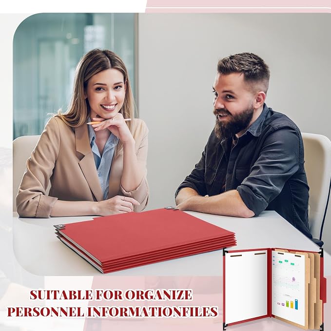 Henoyso 15 Pcs Hanging Pressboard Classification Folders with 4 Hangers, 3 Divider/ 8 Section, Letter Size, 8 Fasteners, 4 Inch Expansions, 1/3-cut Tab File Folder for Office School Medical(Dark Red) - Image 5