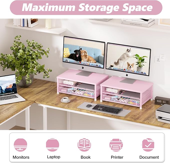 Computer Monitor Stand Riser, Desk Organizer with Drawer, Printer & Laptop Stand, Office Desk Accessories & Workspace Desktop Organizers Storage for Office Supplies(Pink) - Image 5