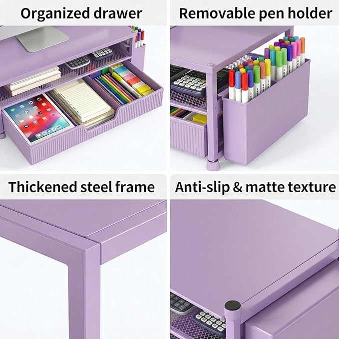 ECOLOVI Desk Organizer and Accessories, 2-Tier Computer Monitor Stand Rise with Storage Drawer & 2 Pen Holders, Laptop & Printer Stand for Desktop, Workspace Organizers for Office Supplies (Purple) - Image 3