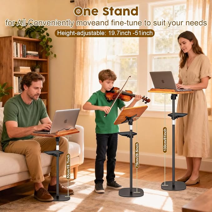 2 in 1 Dual-use Music Stand & Desktop Book Stand, Adjustable Height 16.5"-51", 100% Solid Wood Laptop Floor Stand Book Holder with Elastic Page Clips for Cookbooks (Brown with Tray) - Image 3