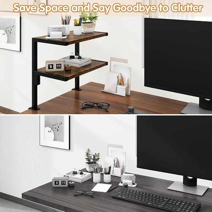 IBUYKE Clamp on Desk Organizer Shelf,Desk Extender Shelves TMZ007H | 12.9 inches,2-Tier Adjustable Storage Shelves, Above or Below Desk, for Desktop Accessories,Brown - Image 6