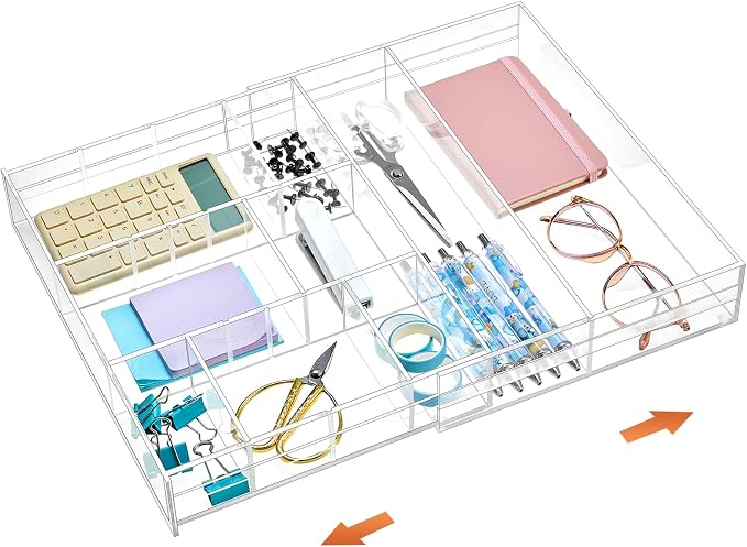 Briwooody Clear Acrylic Drawer Organizer Expandable,9 Compartments,Small | 9'' up to 18'' x 12'' x 2.1'' Desk Drawer Organizer Trays Adjustable with Desk Accessories for Makeup Office Bathroom by Briwooody