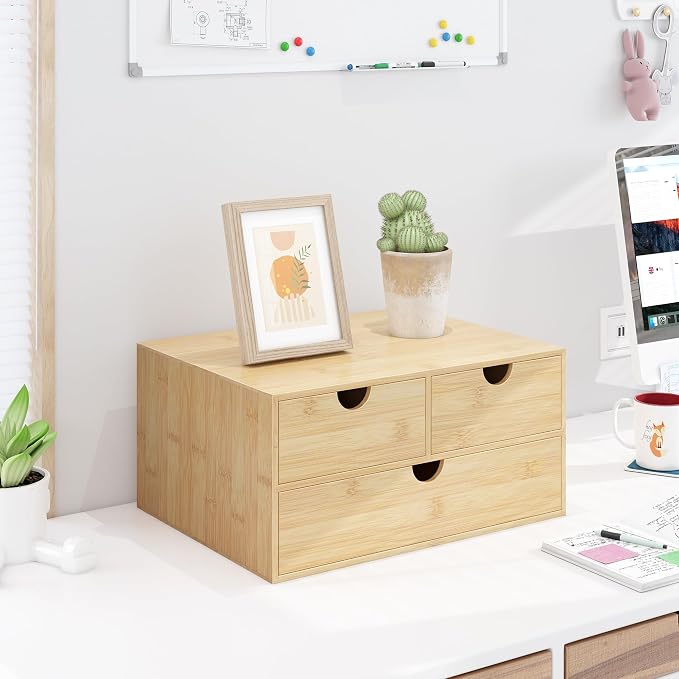 Bamboo Desk Drawer Organizer, Large Desktop Organizer with Drawers Tabletop Storage Organization Box for Office Home Toiletries Supplies Vanity, No Assembly Required (L-3 Drawers) - Image 7
