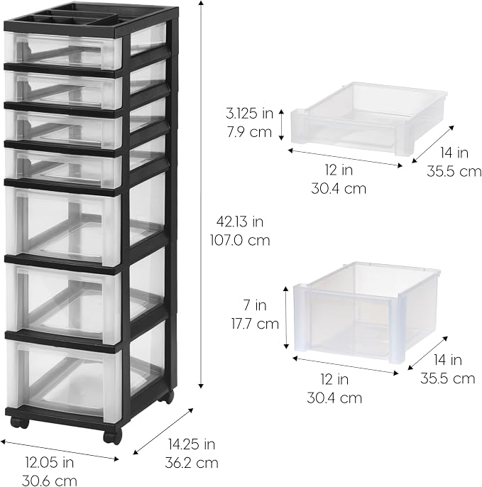 IRIS USA 7-Drawer Rolling Storage Cart, Black/Clear | Keep craft supplies, office essentials, classroom items, and accessories organized with easy-access drawers for daily use - Image 3
