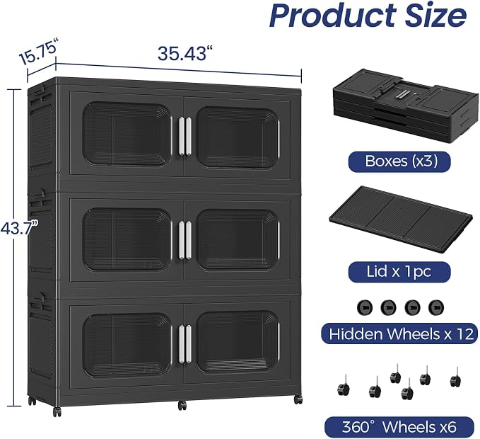 150Gal Exra Large Stackable Storage Bins with Lid, 600QT Collapsible Storage Box with 6x Wheels, Folding Plastic Cabinet Container with Door Drawer for Home Kitchen Office Dorm, 3Pack Black - Image 2