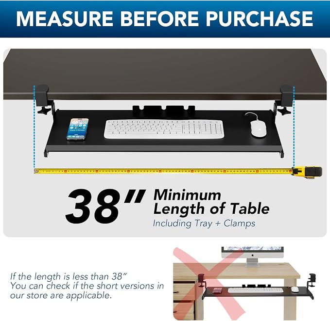 Keyboard Tray Under Desk Pull Out with 3 Height Adjustable Extra Sturdy C Clamp Mount System, 32.8 (38 inch Including Clamps) x 12 Inch Slide-Out Platform Computer Drawer for Typing - Image 5
