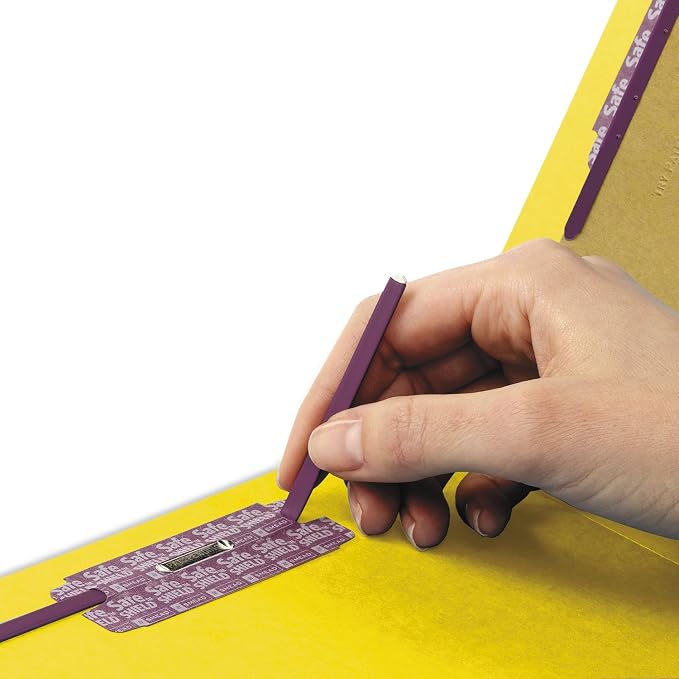 Smead 100% Recycled End Tab Pressboard Classification File Folder with SafeSHIELD Fasteners, 2 Dividers, 2" Expansion, Legal Size, Yellow, 10 per Box (29789) - Image 4