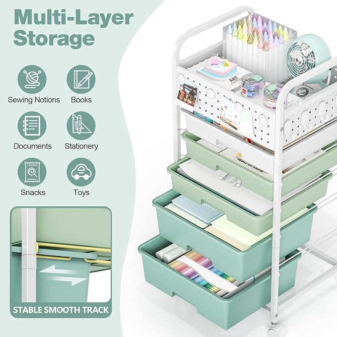 5 Drawer Rolling Storage Cart with Pegboard Top and Hooks, Gradient Green | Mobile Organizer Cart with Wheels for Office Supplies, Craft Storage, Classroom Organization, Home Utility Cart - Image 3
