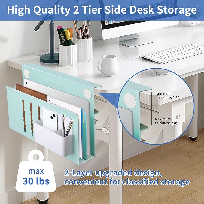 LUKETURE Desk Side Storage, 2 Tie Laptop Holder No Drill Clamp On Organizer | Steel Side Desk Organizer, Clamp on Laptop Mount with Pen Holder, Hanging Storage for Home Office, Fits 0.3" to 2.8" - Image 2