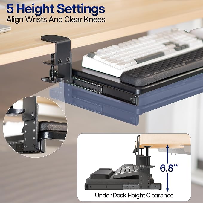 VIVO Large Height and Width Adjustable Under Desk Keyboard Tray, C-clamp Mount System, 22.5” to 30” (28.5” to 36” Including Clamps) x 11 inch Slide-Out Platform for Typing, Black, Mount-KBST1 - Image 7