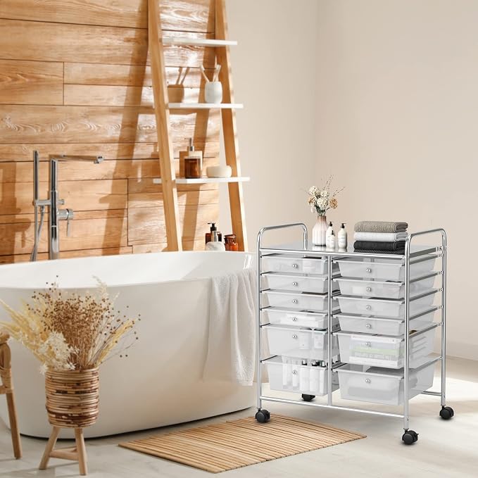 COSTWAY 12-Drawer Rolling Storage Cart, Moveable Art Craft Organizer | Lockable Wheels, Metal Shelf, Files Arrangement Tools Makeup Storage Cart for Office, Home, School (Clear) - Image 9