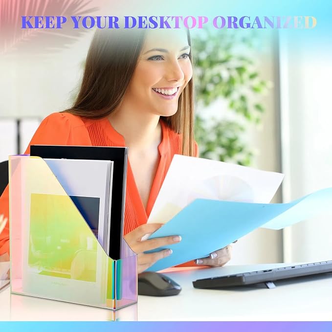 Engrowtic 2 Pcs Iridescent Vertical Magazine File Holder Acrylic Magazine Holder Storage Organizer Plastic Clear Acrylic Rack for Office Classroom Home Document Paper Book Collection Back to School - Image 2