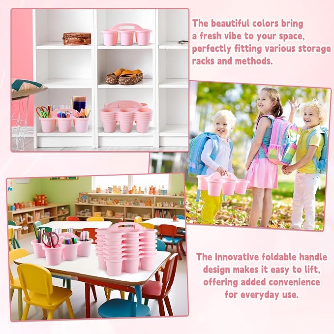 6 Pack Classroom Caddy with Handle Plastic Storage Caddy Organizer with 6 Compartments Drink Cup Caddies Holder Portable Storage Bin for Pencil, Crayon, Marker, Home, Office, School Supplies(Pink) - Image 6
