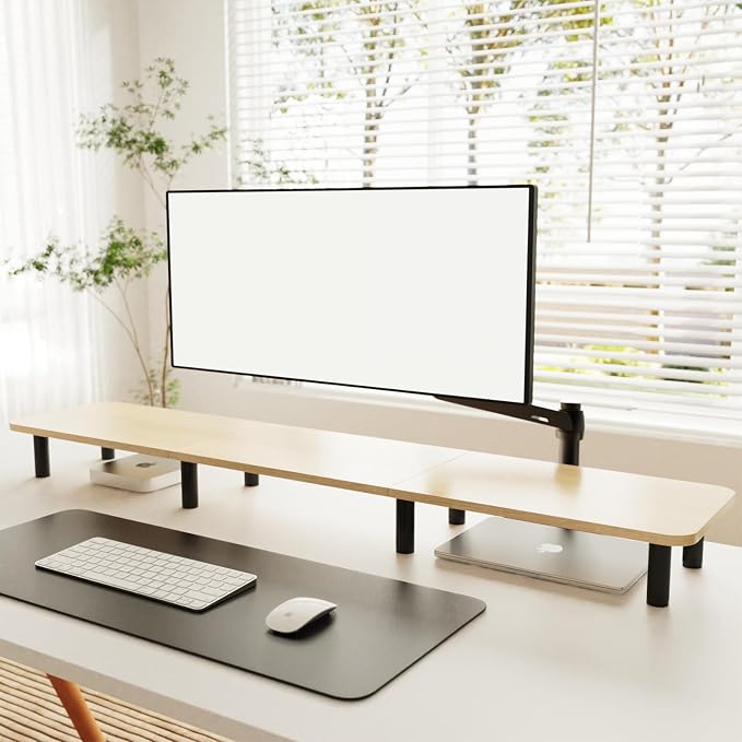 Large Extra Long Monitor Stand Riser 43.7in,Dual Monitor Riser, Wide TV Stand for 2 Monitors, Wood & Steel Leg Adjustable Height Desktop Riser, Home Office Organization. (Natural) - Image 4