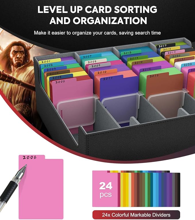 MoKo Trading Card Storage Box for MTG, 3000+ Card Organizer, Black Grey | MTG Deck Box, w/ 24 Colorful Dividers & 4 Card Supporters, MTG Card Storage for Magic Game, TCG, PTG Baseball and Sport Cards - Image 5