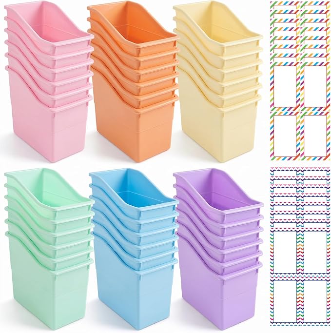 Blosssound 36 Set Book Bins for Classroom with Label Sticker Book Box Baskets Plastic Stackable Organizing Bins Storage & Organization for Classroom Library Home School Supplies (Pastel) by Blosssound