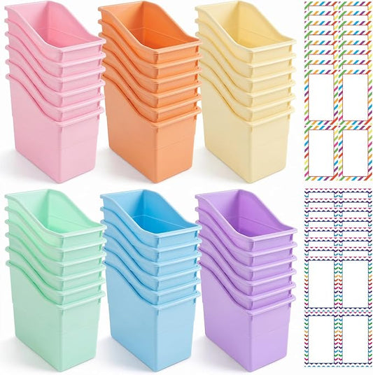 Blosssound 36 Set Book Bins for Classroom with Label Sticker Book Box Baskets Plastic Stackable Organizing Bins Storage & Organization for Classroom Library Home School Supplies (Pastel) by Blosssound