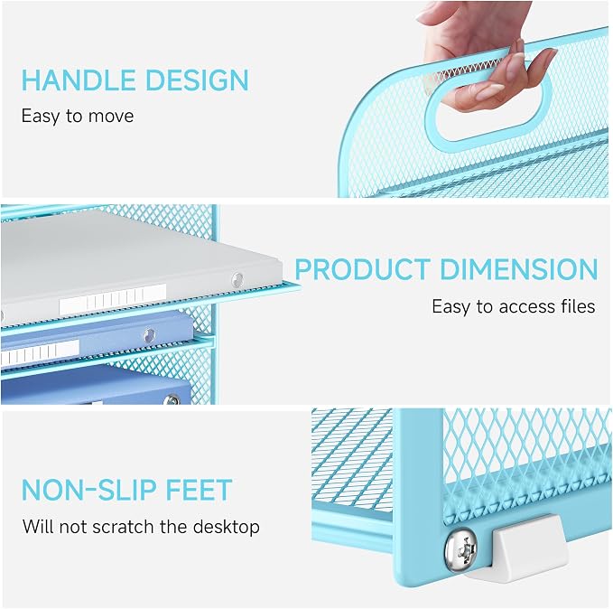 Lavatino 4-Tier Paper Organizer Trays - Blue Mesh File Folder Sorter with Handles, Desk Letter Holder Organizer for Office, Home, School Supplies Storage & Organization - Image 3