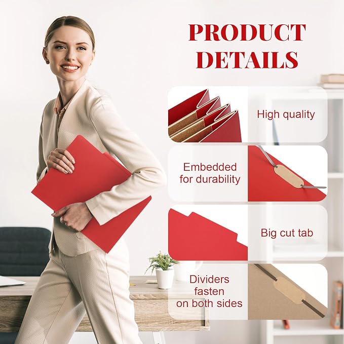 Skyygemm 12 Pcs Classification Folders 3 Pocket Dividers Letter Size Employee File Folder with 2 Prong Fasteners 2 in Expansion Pressboard Medical Document Organizers Bulk for School Office(Red) - Image 5