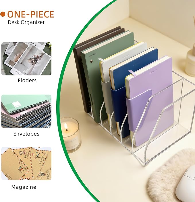 Clear Acrylic Magazine File Holder, 6 Compartment Desk Organizer | 6 spacious vertical compartments hold magazines, files, books & more. 5mm thick clear acrylic, non-slip base. No assembly. - Image 4