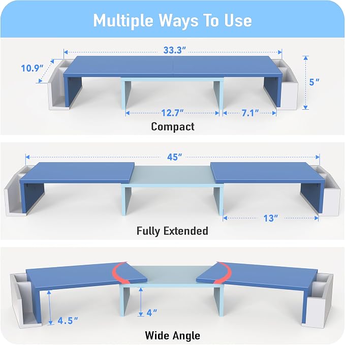 Simple Houseware Desk Dual Monitor Stand Riser with Drawer, Blue | Customizable Organizer Tray, Built-In Phone & Tablet Slot and Side Storage - Image 3