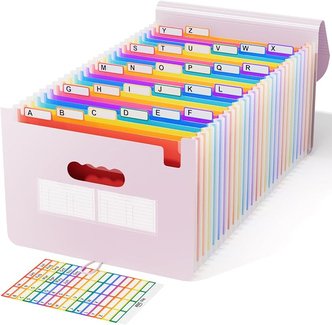 ABC life 26-Pocket Accordion File Organizer, Expanding File Folder | Letter/A4 Size, Plastic Monthly Bill & Tax Receipt Holder with A-Z Tabs for Home, Office, Classroom - Pinkish Purple by ABClife
