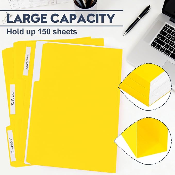 File Folders,Colored File Folders Letter Size 8.5" x 11",150 Pack 1/3 Cut Tab Bulk Folders,Durable Paper Folders with Blank Labels for Office Business School Home Use,Lemon Yellow - Image 4