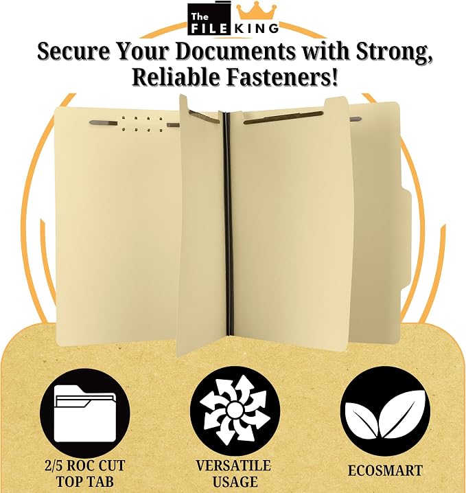The File King Two Divider Manila Classification File Folder - Letter Size | 10 Pack | 2/5 ROC Top Tab | 1" Expansion | 2" Fastener Prongs | Made in America - Image 3