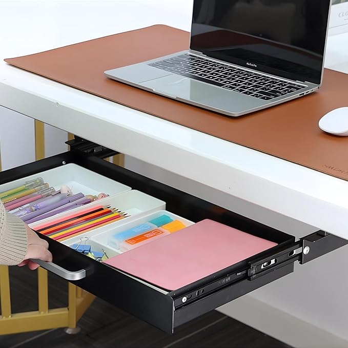 Under Desk Drawer 21" with 4 Divider Trays, Storage Drawer Organizer | Black, Under Counter, Desk Accessory, Attachable for Workbench, Adjustable Brackets, for Desk Lip with Crossbar, Clamp Mount - Image 2