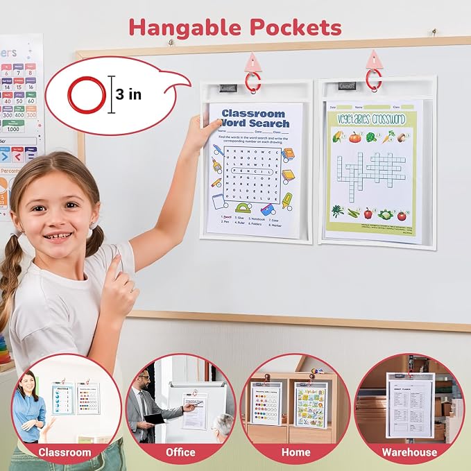 GAMENOTE 30 Pack White Dry Erase Pockets, 10x14 Reusable Sleeves | 30 reusable PVC pockets hold 8.5 x 11 and 9 x 12 sheets; double sided wipe clean surfaces, pen loops, eyelets, and 5 rings - Image 4