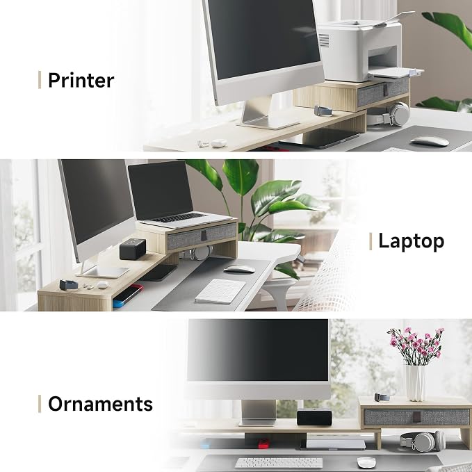 Fenge Triple Monitor Stand with Srorage Drawer, Adjustable Length and Angle | Computer Monitor Riser for 2 or 3 Monitors, Wooden Desktop Laptop Stand, Office Organizer for PC, Screen, Tablet, Oak - Image 6