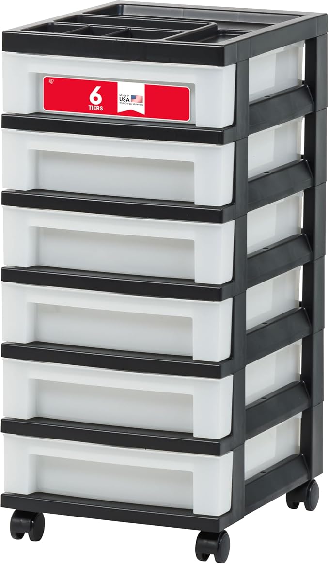 IRIS USA 6-Drawer Rolling Storage Cart with Organizer Top, Black/Pearl | Keep craft supplies, office essentials, classroom items, and accessories organized with easy-access drawers for daily use by IRISUSA