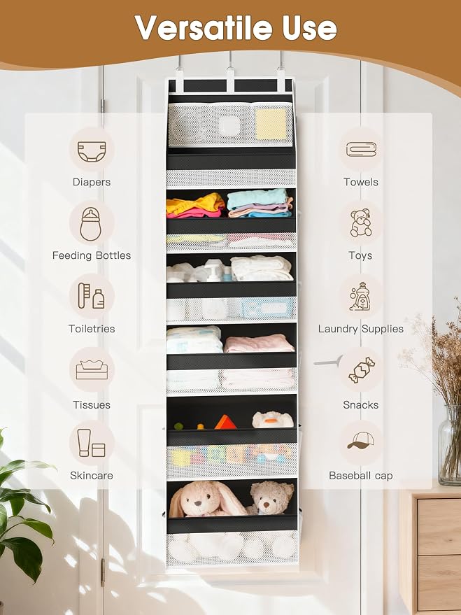 Over the Door Organizer, Heavy-Duty 6-Shelf Hanging Storage with 13 Mesh Pockets, 55lbs Capacity Behind the Door Storage for Nursery, Bathroom, Bedroom, and Dorm, Black - Image 8