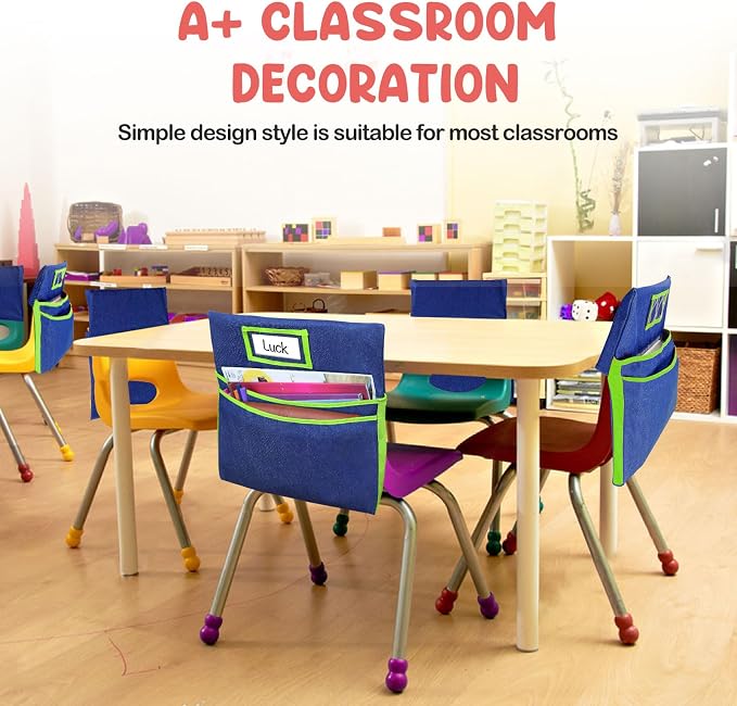 Auchq 16PCS Chairback Buddy Pockets Chart with 2 Heavy Duty Storage Pocket,School Supplies Chair Back,Standard Denim Storage Organizer for Classroom Chair (Green) - Image 3