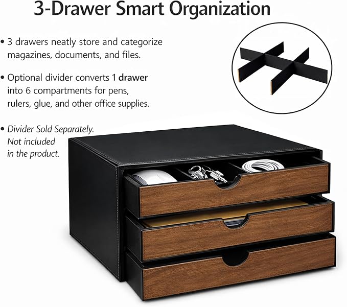 UnionBasic Document Organizer, 3-Drawer File Cabinet Document Storage Box, Office Desktop Filing Organizer, Black with Wood Grain Drawers - Image 5