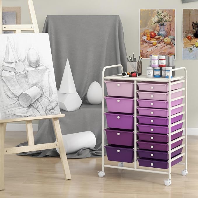 Giantex 15 Drawers Rolling Cart, Classroom Organizers, Storage Cart with Wheels, for Teacher Office Home School Supplies Tool Craft Art Paper, Purple Gradient - Image 9