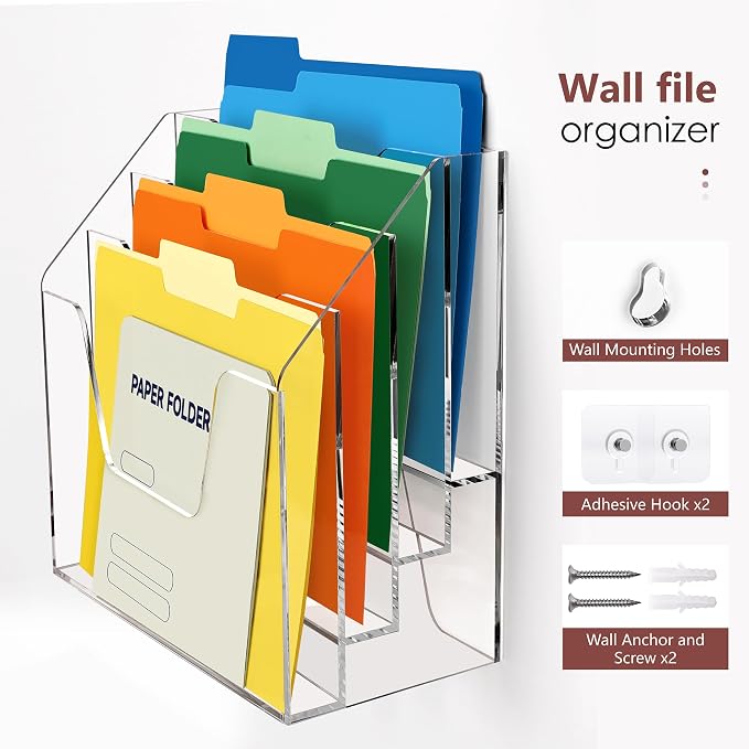 DINGHUO Acrylic Desk File Mail Organizer Wall Mounted, 4-Tier Hanging File Folder Holder, Clear Office Magazine Rack (Adhesive Hooks x 2) - Image 2