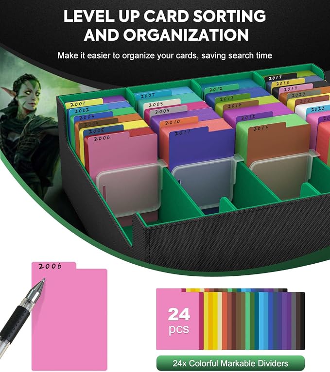 MoKo Trading Card Storage Box for MTG, 3000+ Card Organizer, Green | MTG Deck Box, w/ 24 Colorful Dividers & 4 Card Supporters, MTG Card Storage for Magic Game, TCG, PTG Baseball and Sport Cards - Image 5