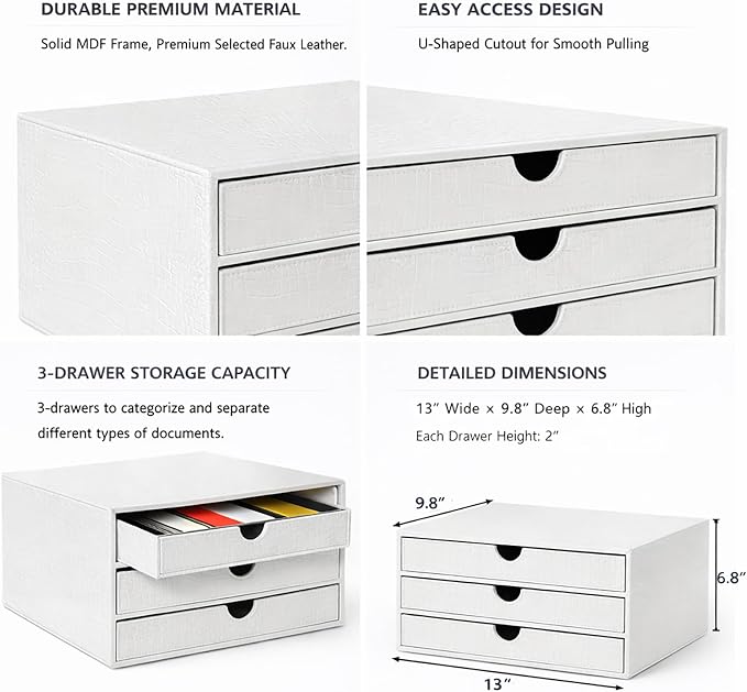 UnionBasic Document Organizer, 3-Drawer File Cabinet Document Storage Box, Office Desktop Filing Organizer, Croco White - Image 4
