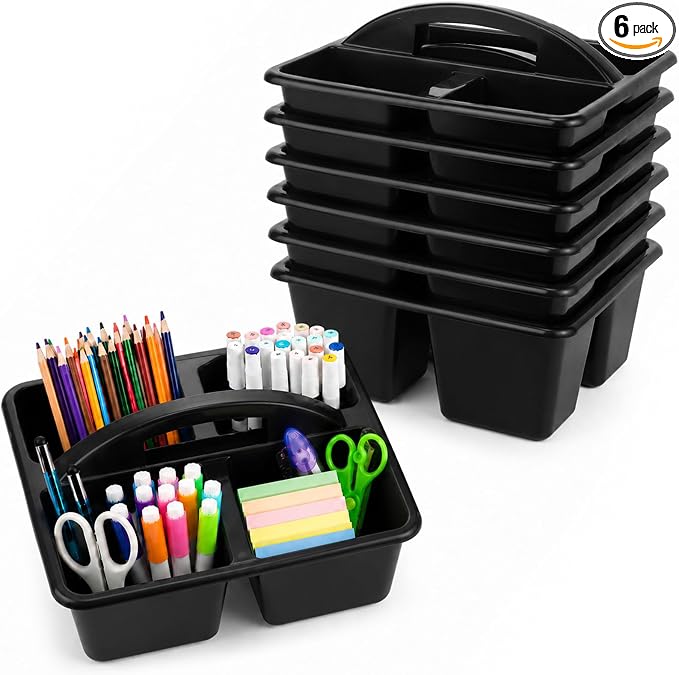 6 Pack Assorted Colors Classrooms Caddy 4 Compartment Classroom Caddy Compartment Caddies Set Table Caddies Classrooms with Handle for Classroom Organization Table Desk Office Supplies(Black) by Yakydesign