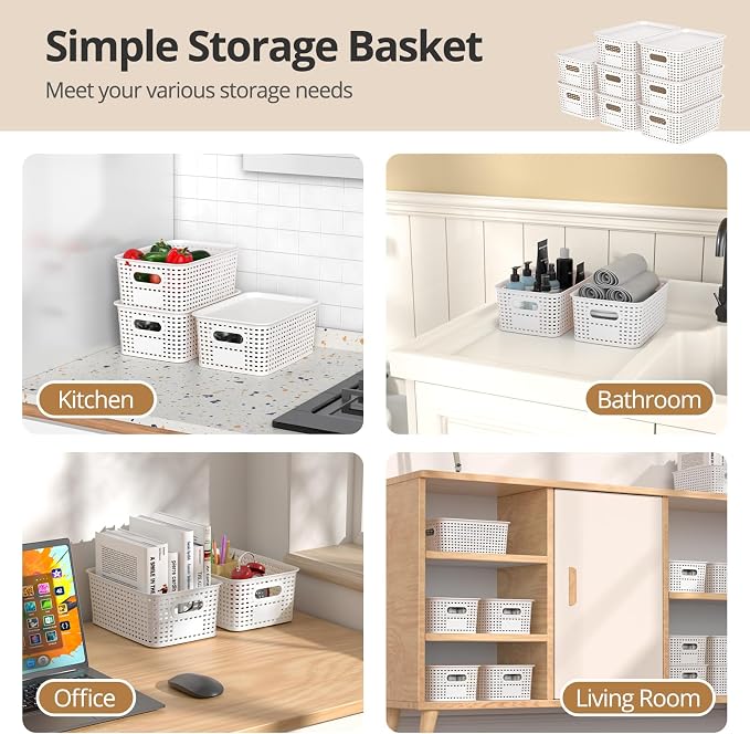 Plastic Storage Basket with Lid, Stackable Small Box Bins for Organizing and Containers for Shelves Drawers Desktop Closet Playroom Pantry Classroom Office Home, 8 Pack 10.2x7.2x4.1 Inch, White - Image 5