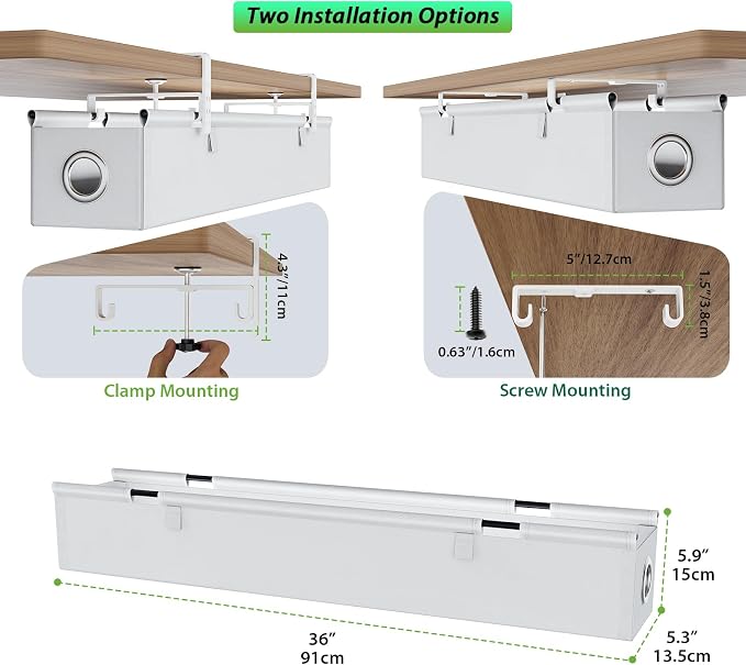 KEEGH Under Desk Cable Management Tray 36", No Drill Cord Organizer, White | Heavy Duty, Large Capacity, 3-Level Clamp Fit 0"-2.5" Desks, Clamp/Screw Mount, for Home, Office, Gaming, Room, Studio - Image 4