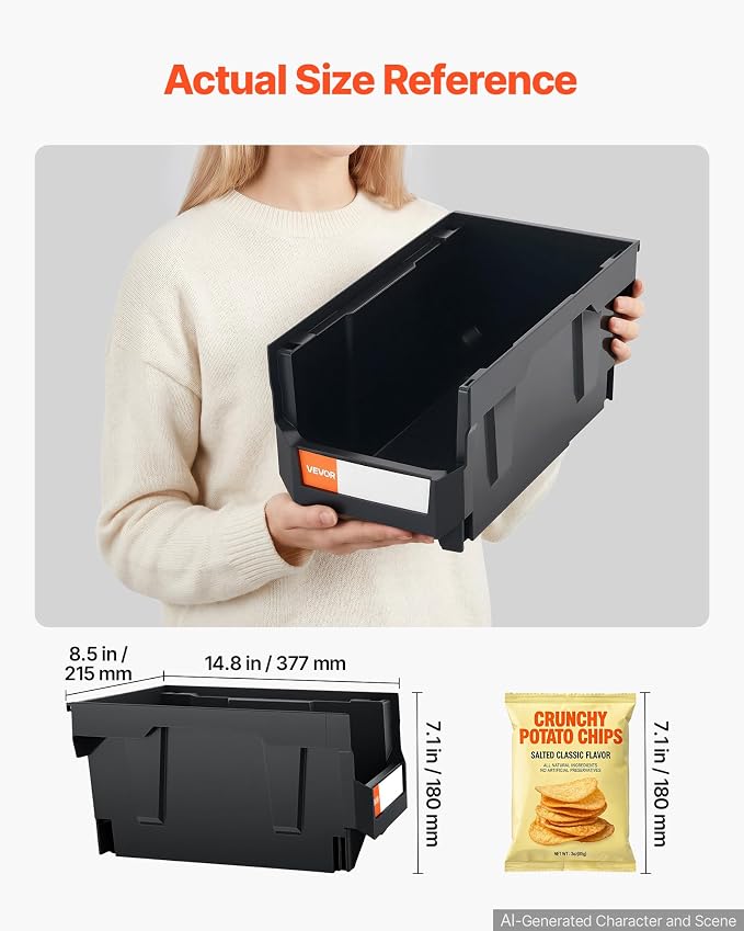 VEVOR Plastic Stackable Storage Bins, 14.8 x 8.5 x 7.1 inch (12 Pack), Plastic Containers for Organizing & Storage Bins for Garage, Small Parts, Office Supplies, Other Accessories, Black & Transparent - Image 2