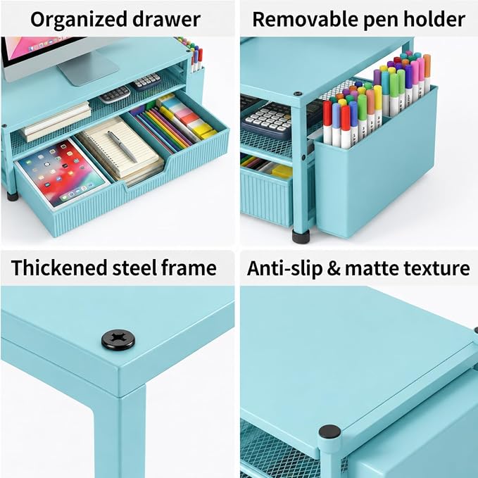 ECOLOVI Desk Organizer and Accessories, 2-Tier Computer Monitor Stand Rise with Storage Drawer & 2 Pen Holders, Laptop & Printer Stand for Desktop, Workspace Organizers for Office Supplies (Blue) - Image 7