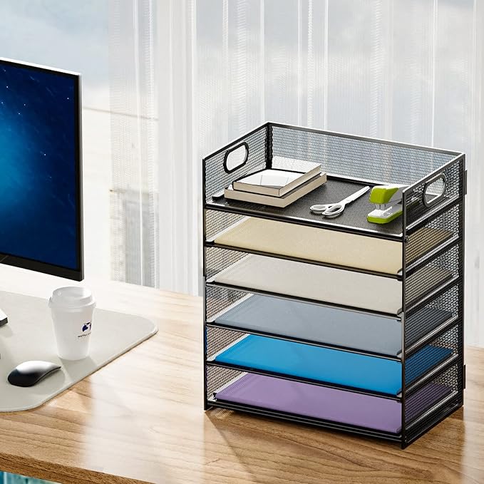 Marbrasse 2 Pack Desk Organizer with Handle, 6 Tier Paper Letter Tray, Mesh Desk File Organizer for Office, School and Home - Image 5